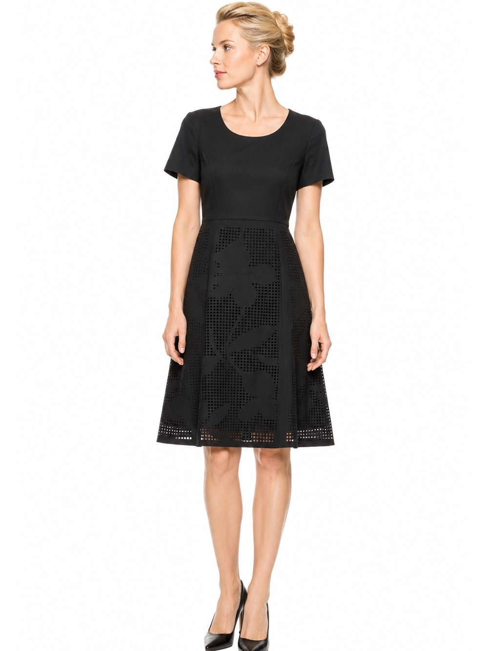 Lafayette 148 cotton blend black dress with laser cutout skirt. Size 14